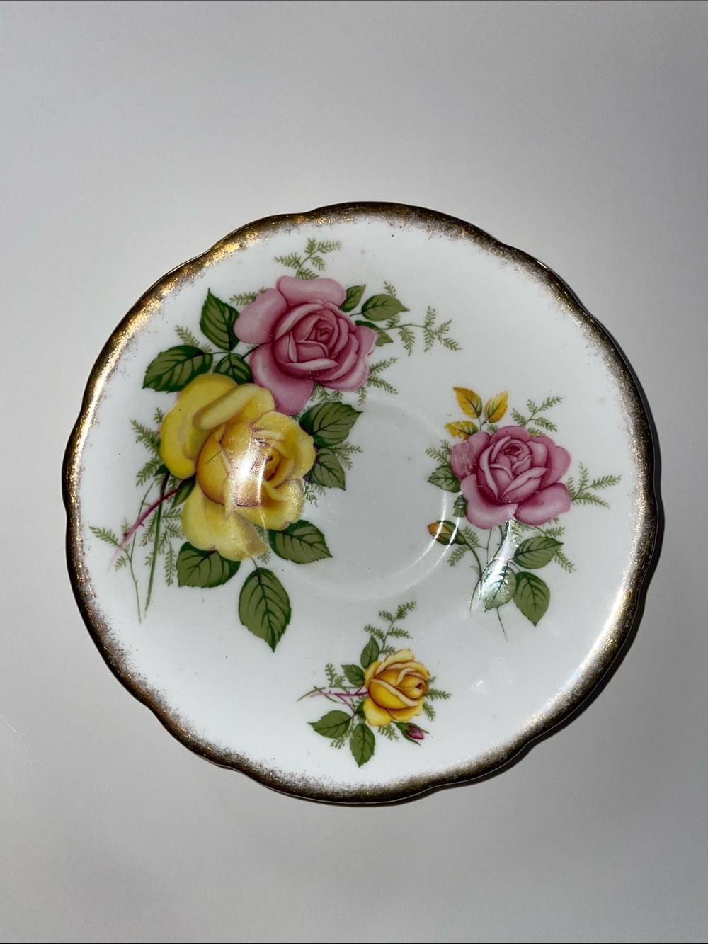 Imperial Porcelain Rose-Pattern Saucer in Pink, Yellow & Green with Gold Trim